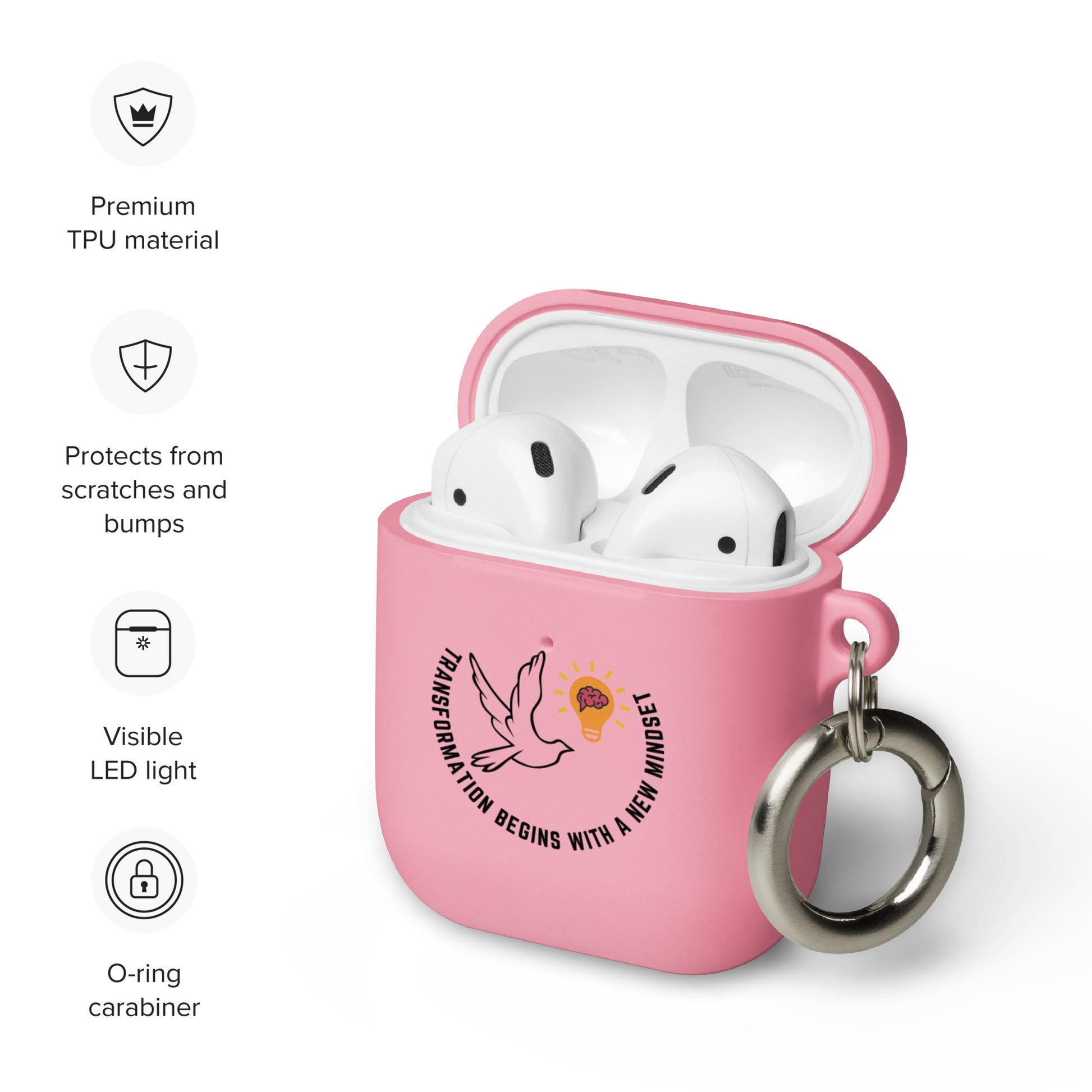 AirPods case | Better Outcomes | Slogan | Transformation Begins with a New Mindset | White and Pink - Better Outcomes
