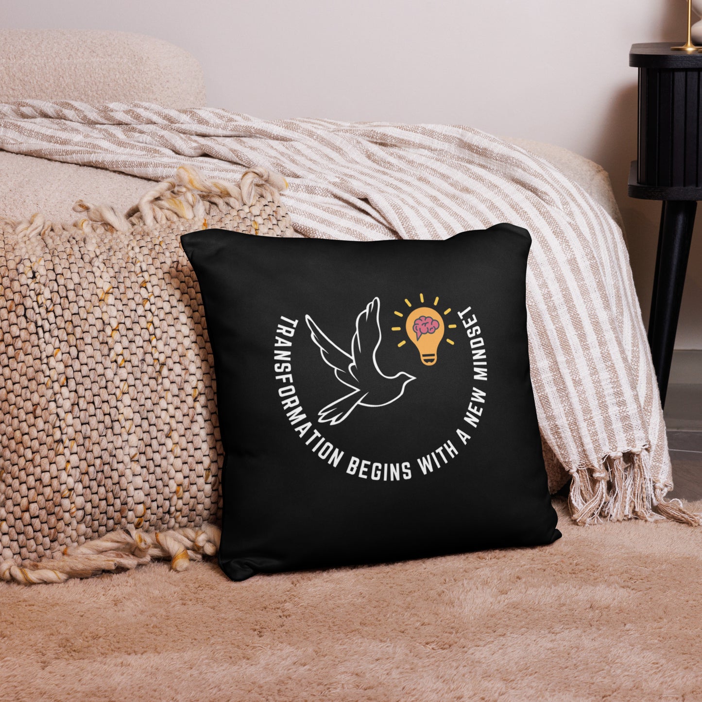 Basic Pillow | Better Outcomes | Slogan | Transformation Begins with a New Mindset | Black - Better Outcomes