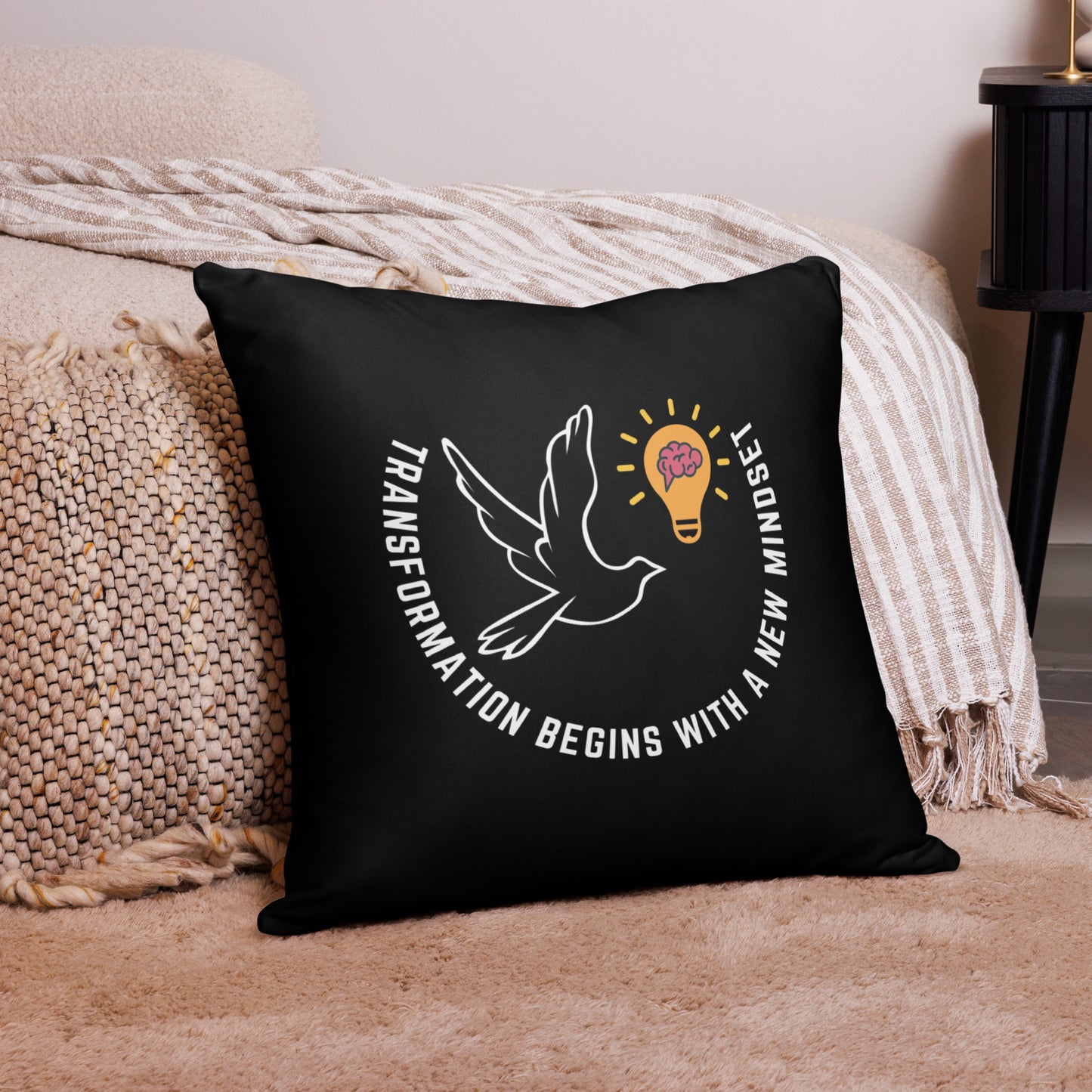 Basic Pillow | Better Outcomes | Slogan | Transformation Begins with a New Mindset | Black - Better Outcomes