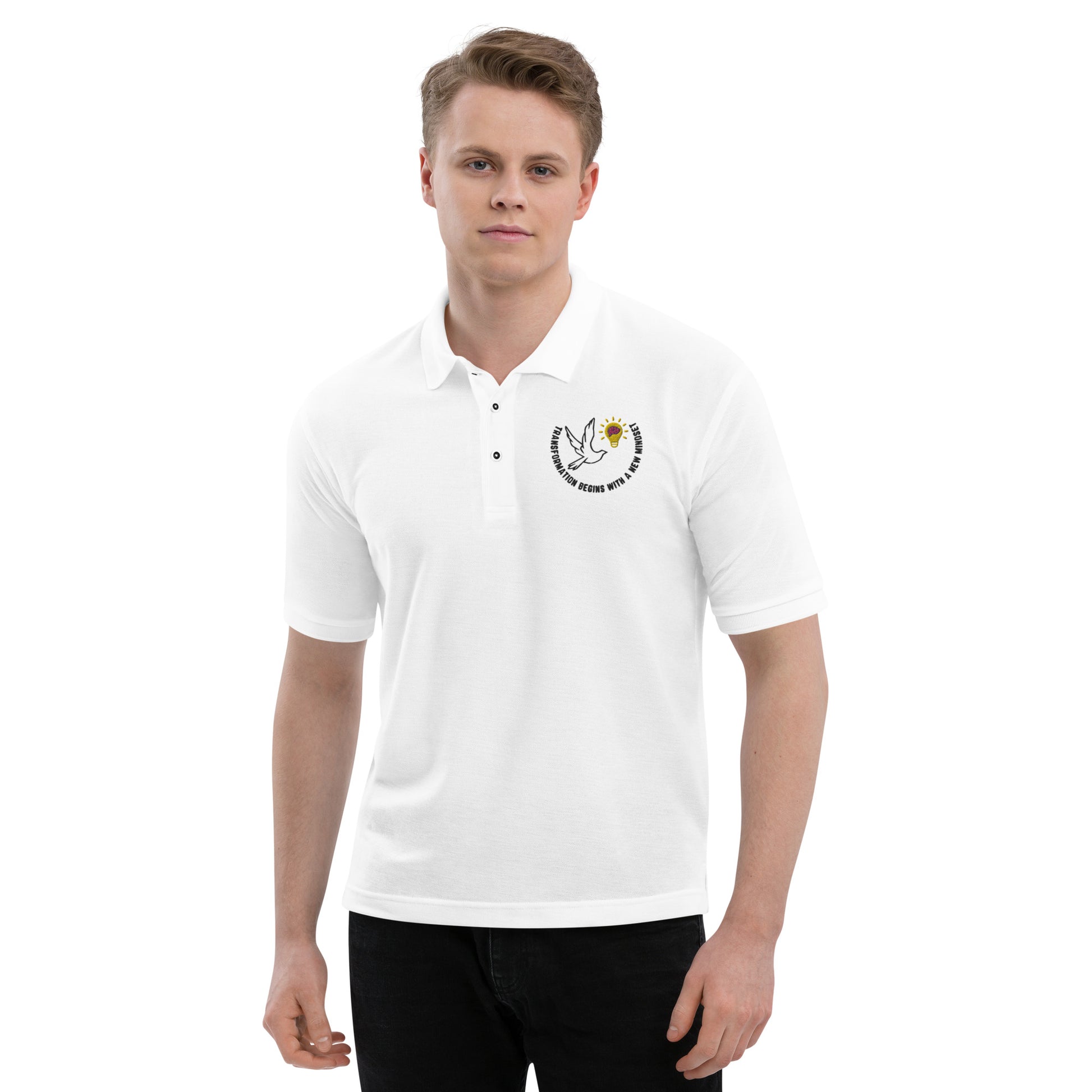 Premium Polo | Better Outcomes | Slogan | Transformation Begins with a New Mindset | White and Stone - Better Outcomes