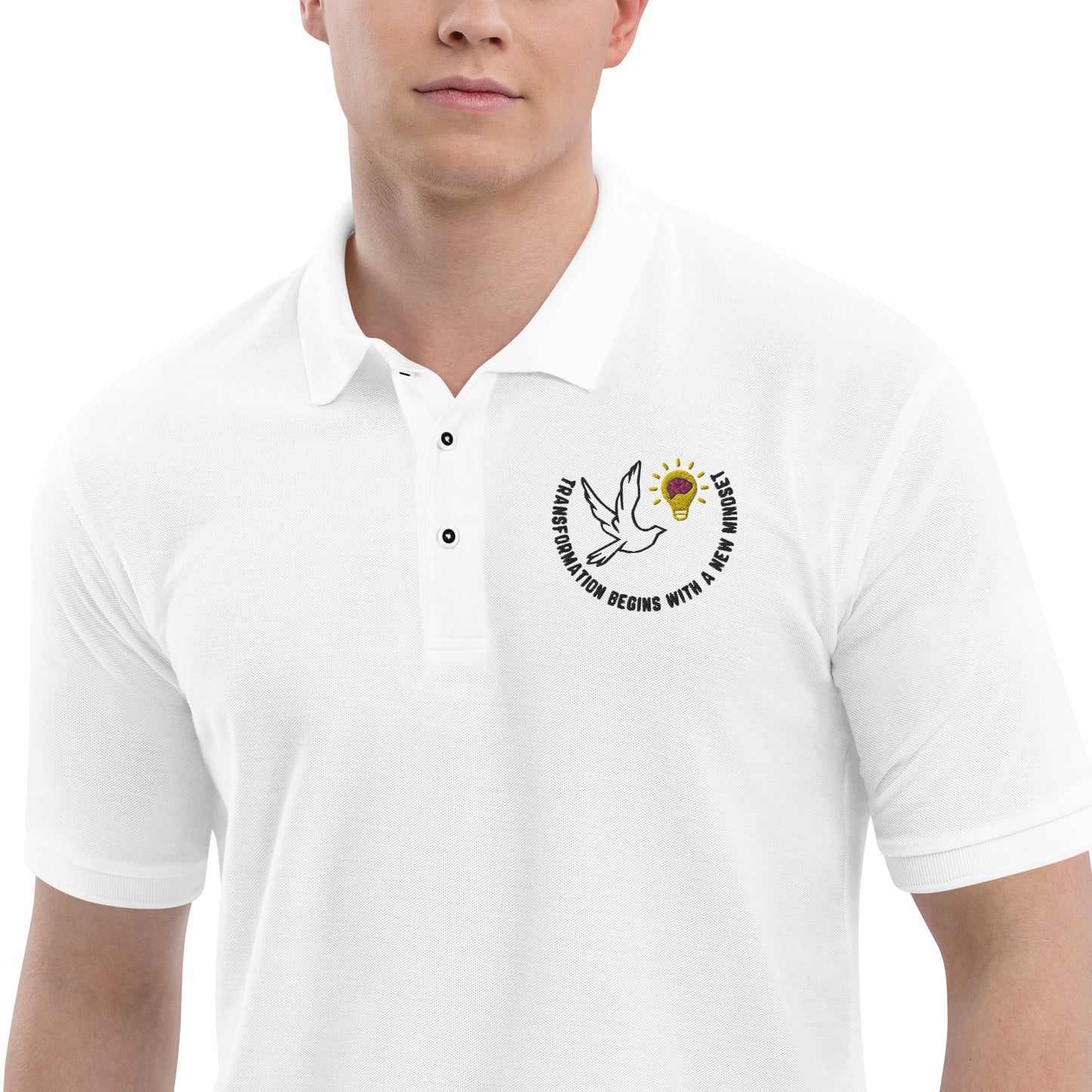 Premium Polo | Better Outcomes | Slogan | Transformation Begins with a New Mindset | White and Stone - Better Outcomes