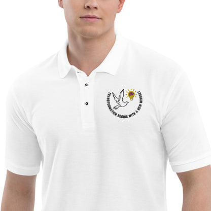 Premium Polo | Better Outcomes | Slogan | Transformation Begins with a New Mindset | White and Stone - Better Outcomes