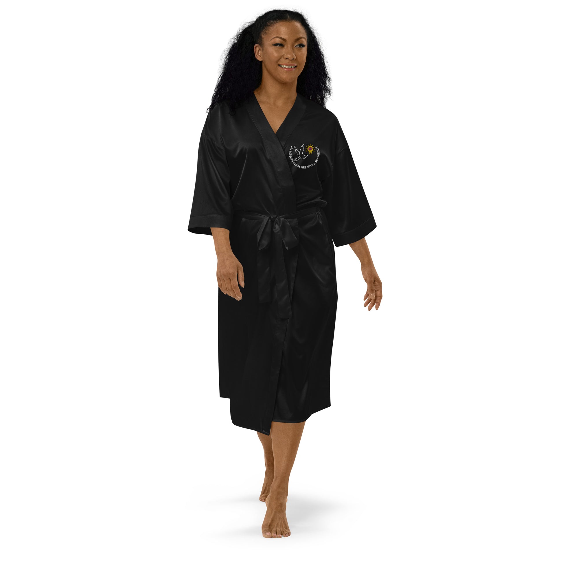 Satin Robe | Better | Outcomes | Slogan | Transformation Begins with a New Mindset | Black - Better Outcomes