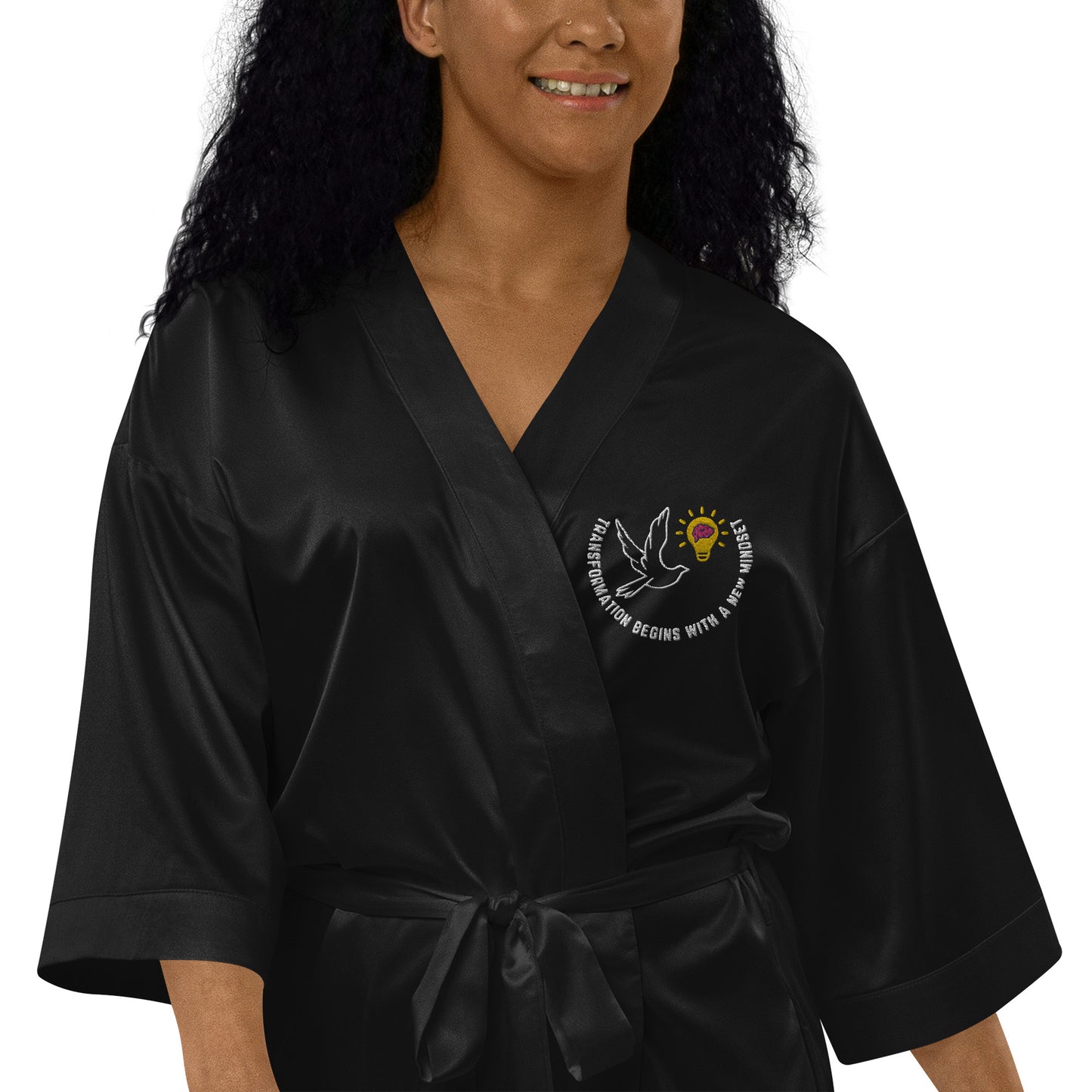 Satin Robe | Better | Outcomes | Slogan | Transformation Begins with a New Mindset | Black - Better Outcomes