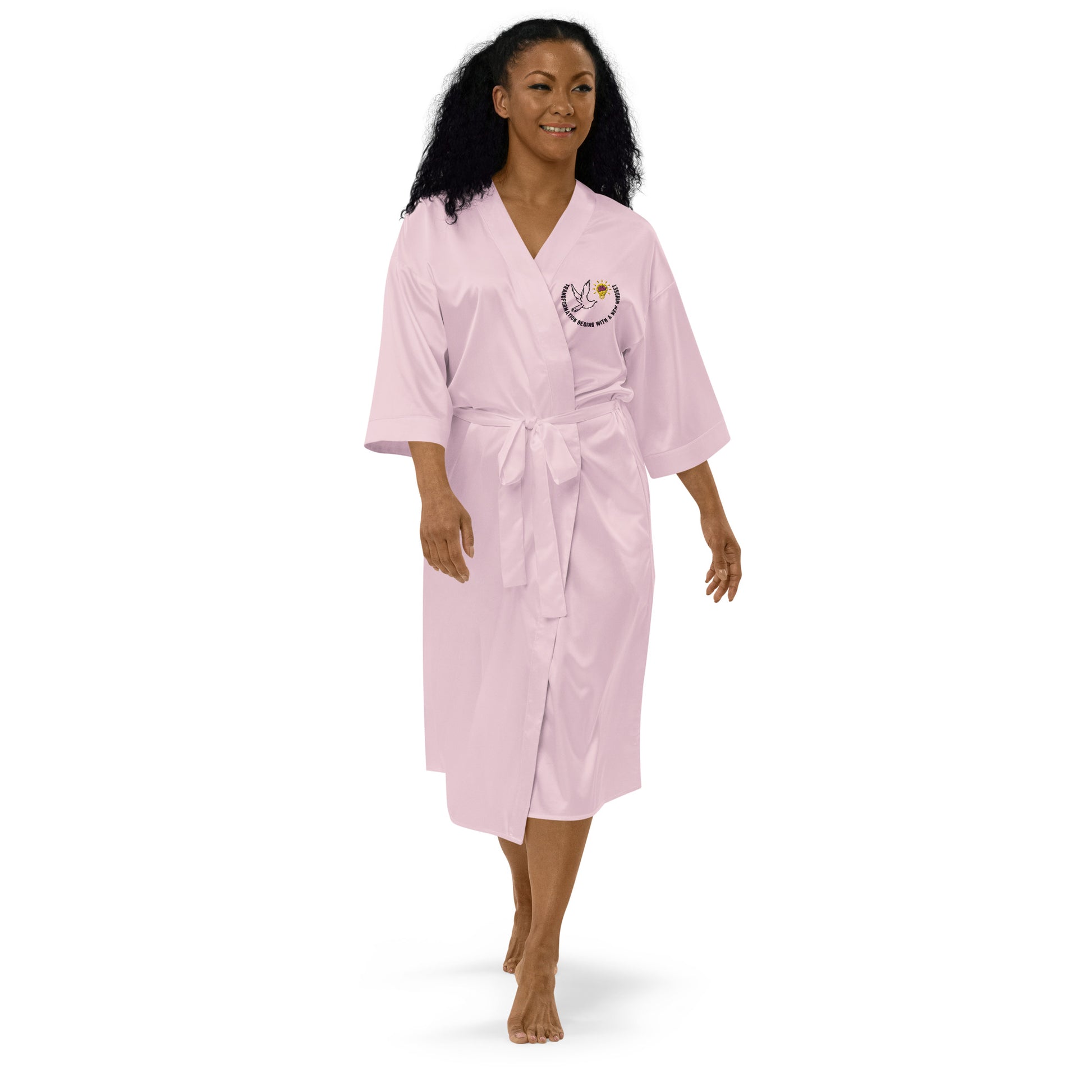 Satin Robe | Better Outcomes | Slogan | Transformation Begins with a New Mindset | White and Pink - Better Outcomes