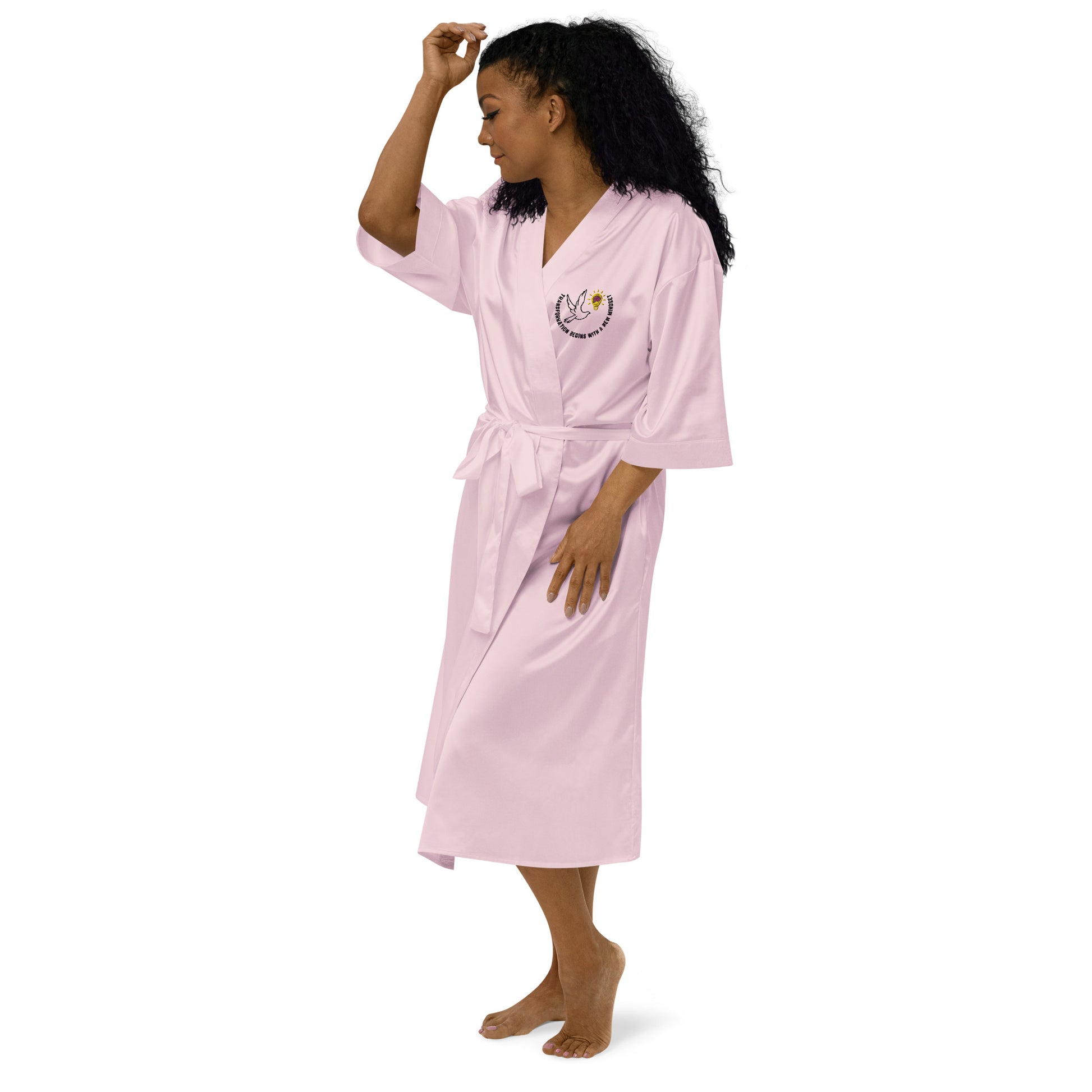 Satin Robe | Better Outcomes | Slogan | Transformation Begins with a New Mindset | White and Pink - Better Outcomes