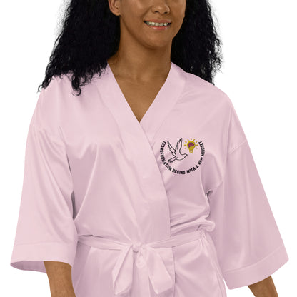 Satin Robe | Better Outcomes | Slogan | Transformation Begins with a New Mindset | White and Pink - Better Outcomes