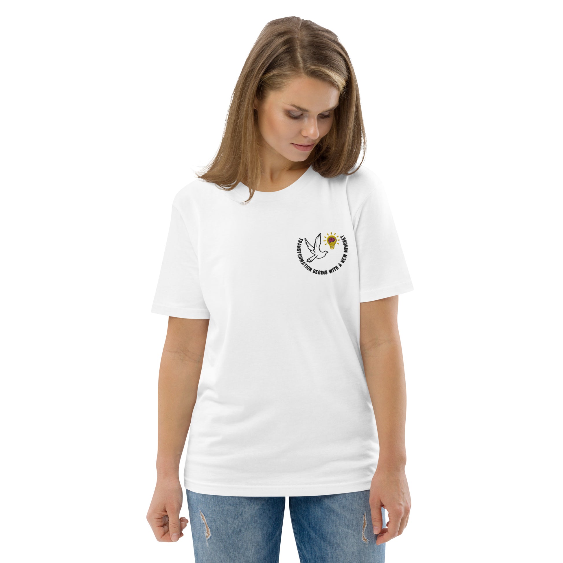 Unisex organic cotton t-shirt | Better Outcomes | Slogan | Transformation Begins with a New Mindset | White, Grey and Desert Dust - Better Outcomes